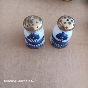 Vintage Nippon Hand Painted Blue White Landscape Salt Pepper Shakers Set Japan